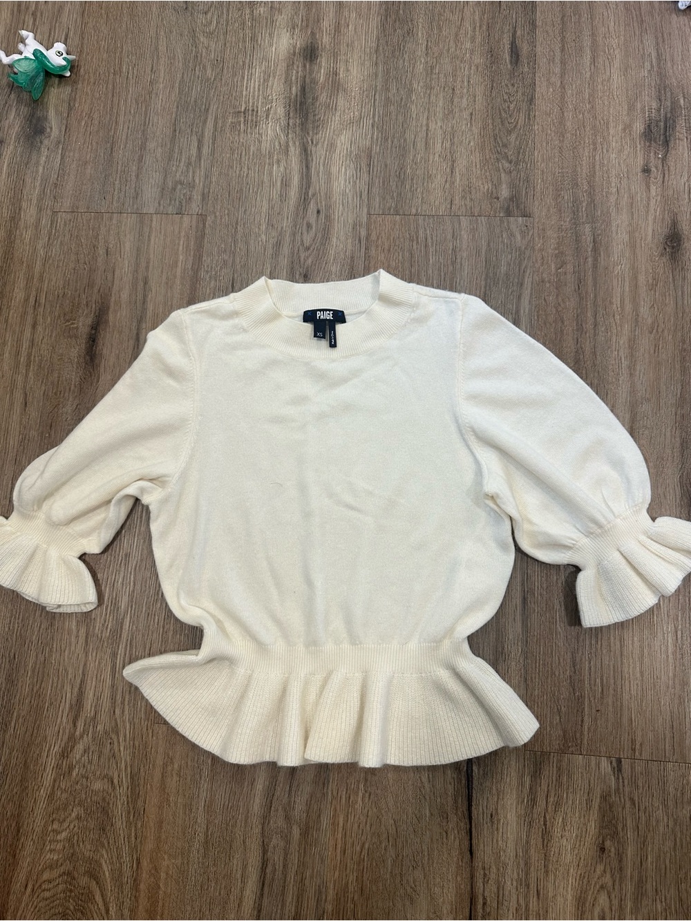 PAIGE Cream Ruffle-Hem Puff Sleeve Sweater